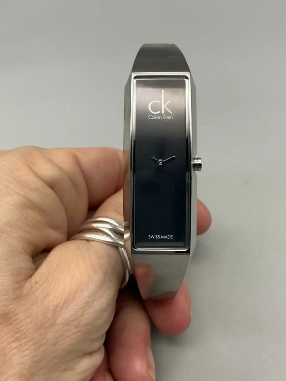 Calvin Klein Women Watch 16mm Stainless Black Rectangle Swiss New Battery 6.5
